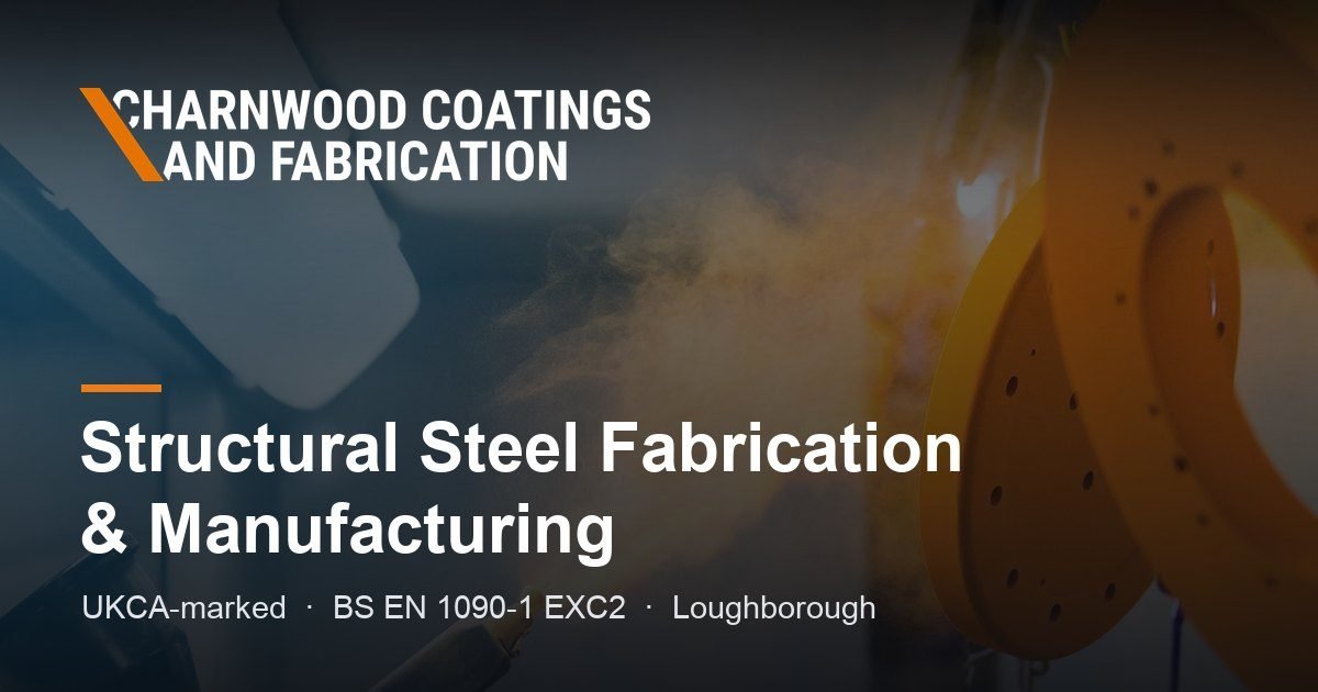 Charnwood Coatings and Fabrication website hero, showing the brand over a steel powder-coating workshop