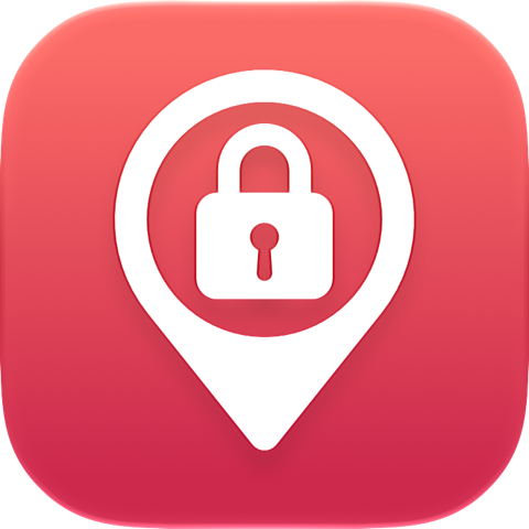 The Location Vault app icon: a white map pin with a padlock inside, on a coral background