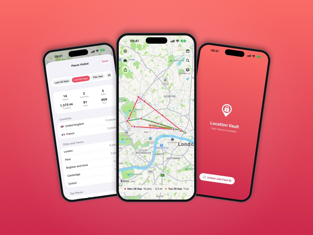 Location Vault on three iPhones: the places, cities and countries visited, a map of routes across London, and the Face ID lock screen