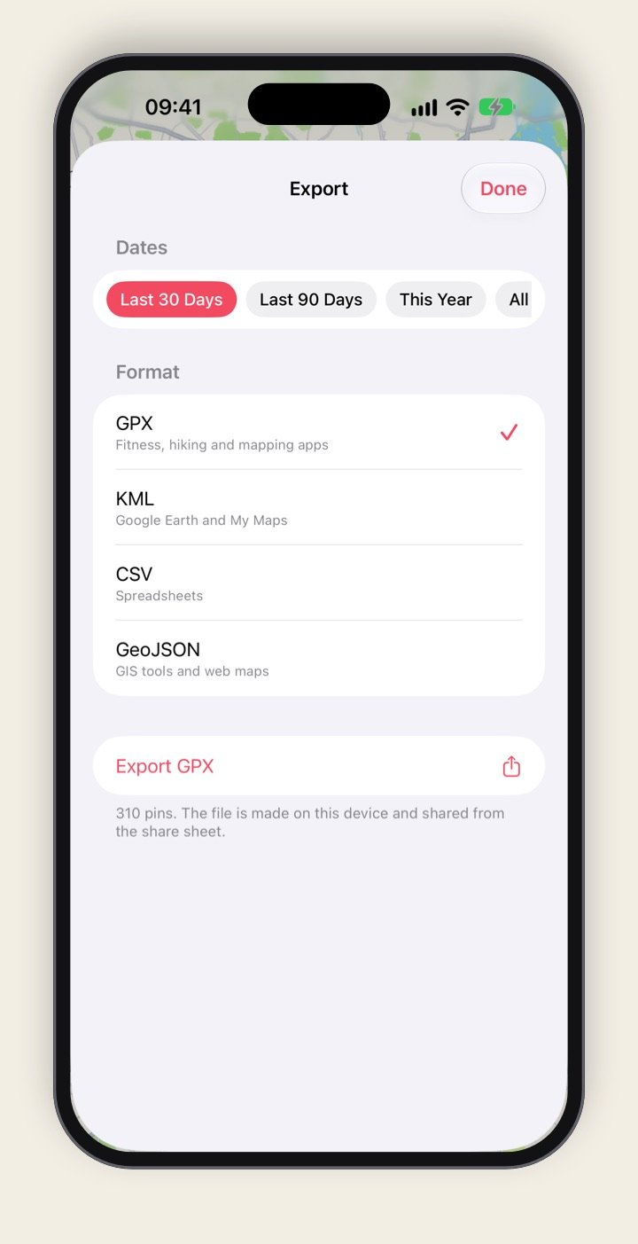 Location Vault's Export screen on iPhone, offering GPX, KML, CSV and GeoJSON for the last 30 days