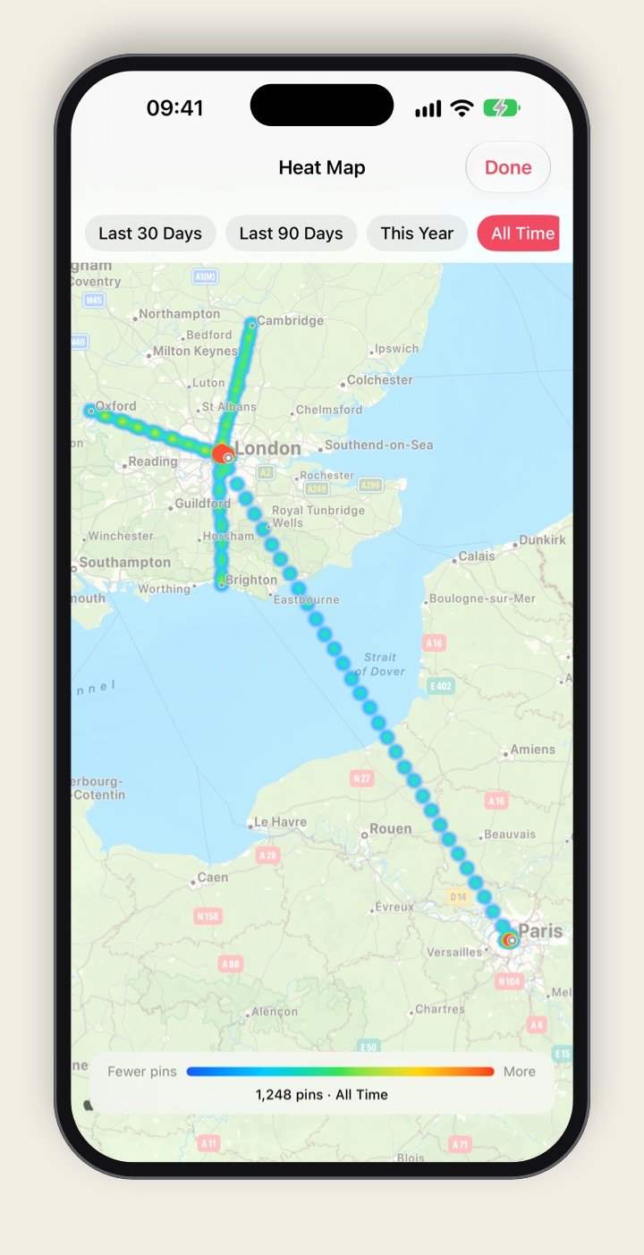 Location Vault's heat map on iPhone, showing all-time travel between London, Oxford, Cambridge, Brighton and Paris