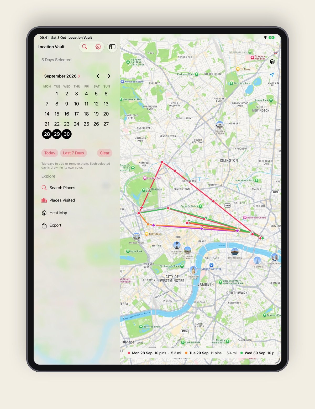 Location Vault on iPad: a calendar sidebar with five days selected, beside a large map of routes across London