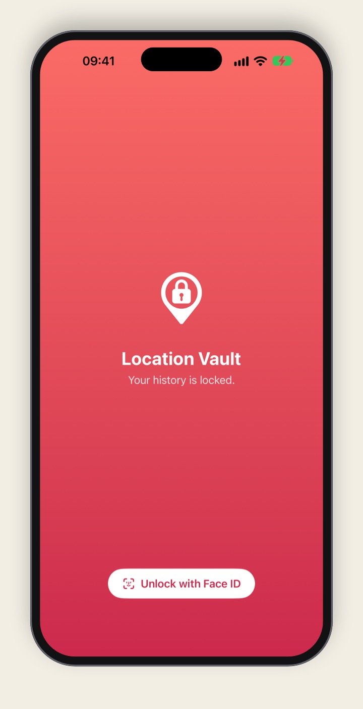 Location Vault's lock screen on iPhone: the padlock pin logo, the words Your history is locked, and an Unlock with Face ID button