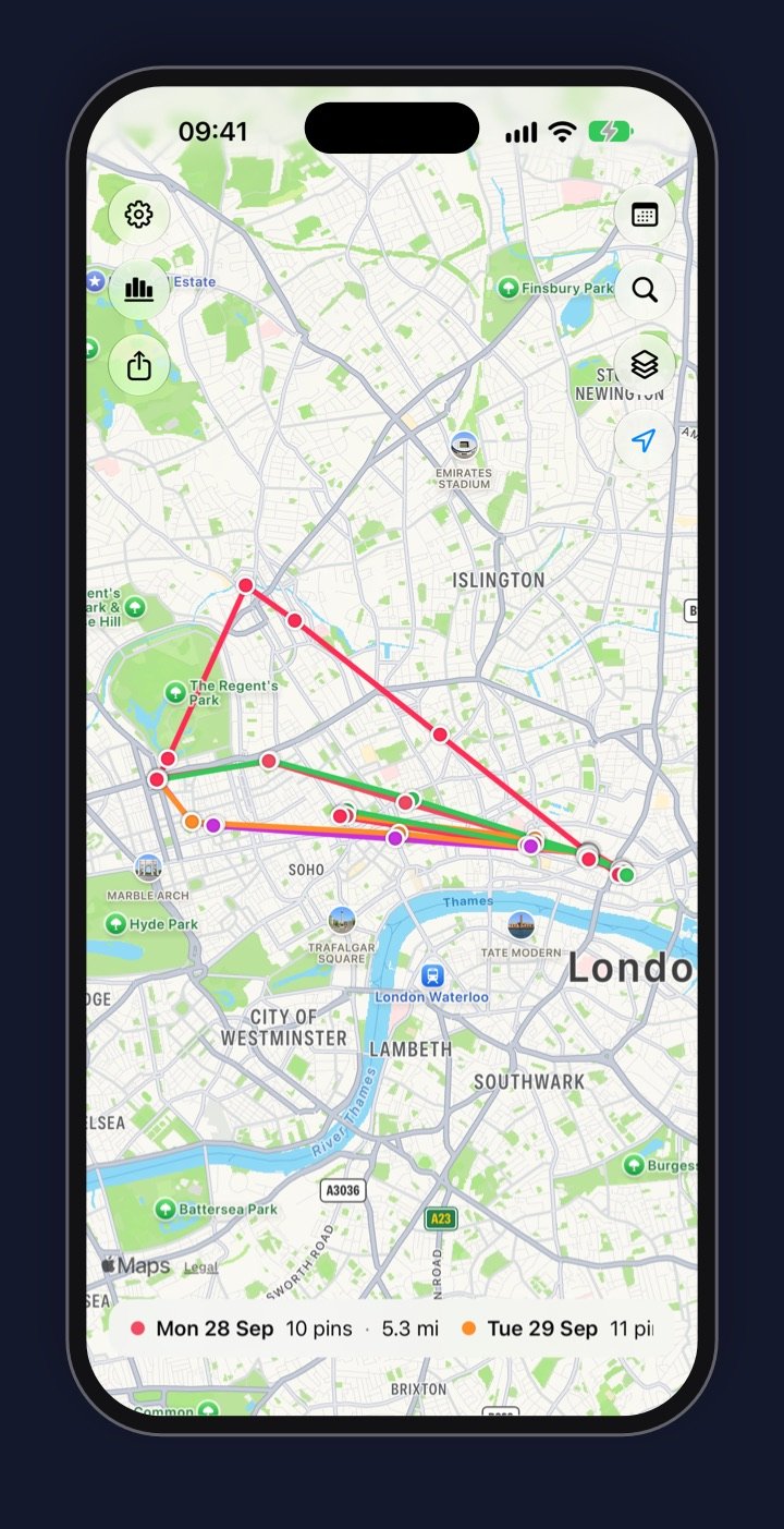 Location Vault on iPhone: five days of routes across central London, each in its own colour, with each day's distance along the bottom