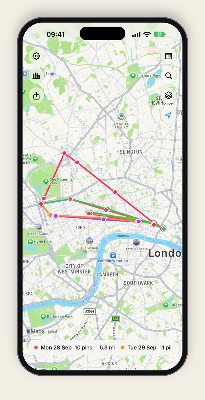 Location Vault on iPhone: five days of routes across central London, each in its own colour, with each day's pins and distance