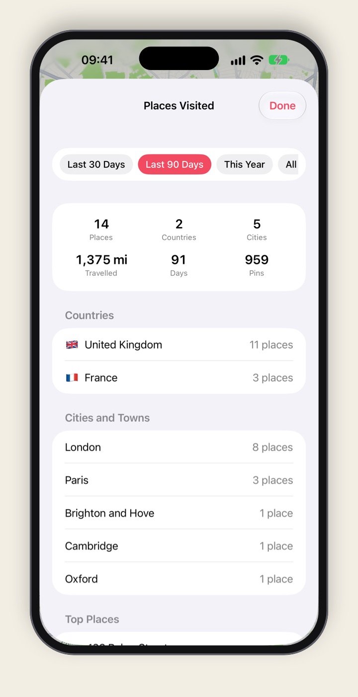 Location Vault's Places Visited screen on iPhone: 14 places, 2 countries and 5 cities over the last 90 days, listing the United Kingdom, France, London and Paris