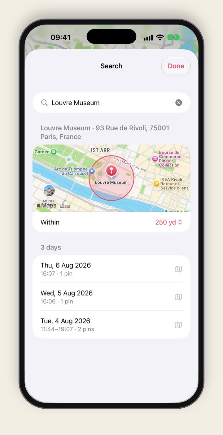 Location Vault's place search on iPhone: the Louvre Museum in Paris, with the three August days the user was there