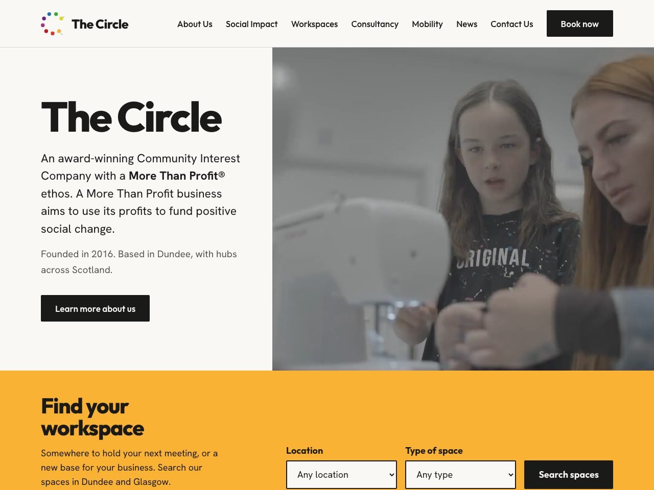 The Circle website homepage, showing the brand mark, hero photography and the workspace search