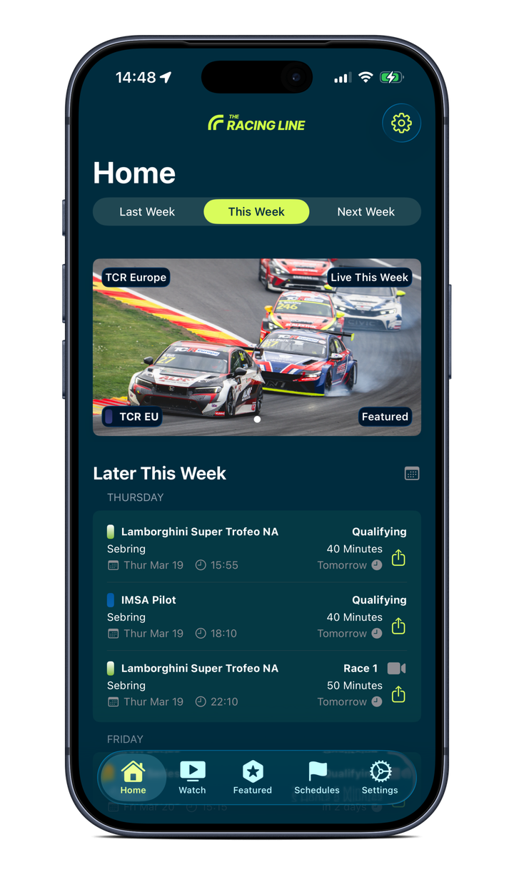 The Racing Line app on iPhone, showing this week's motorsport schedule with live race cards and session times