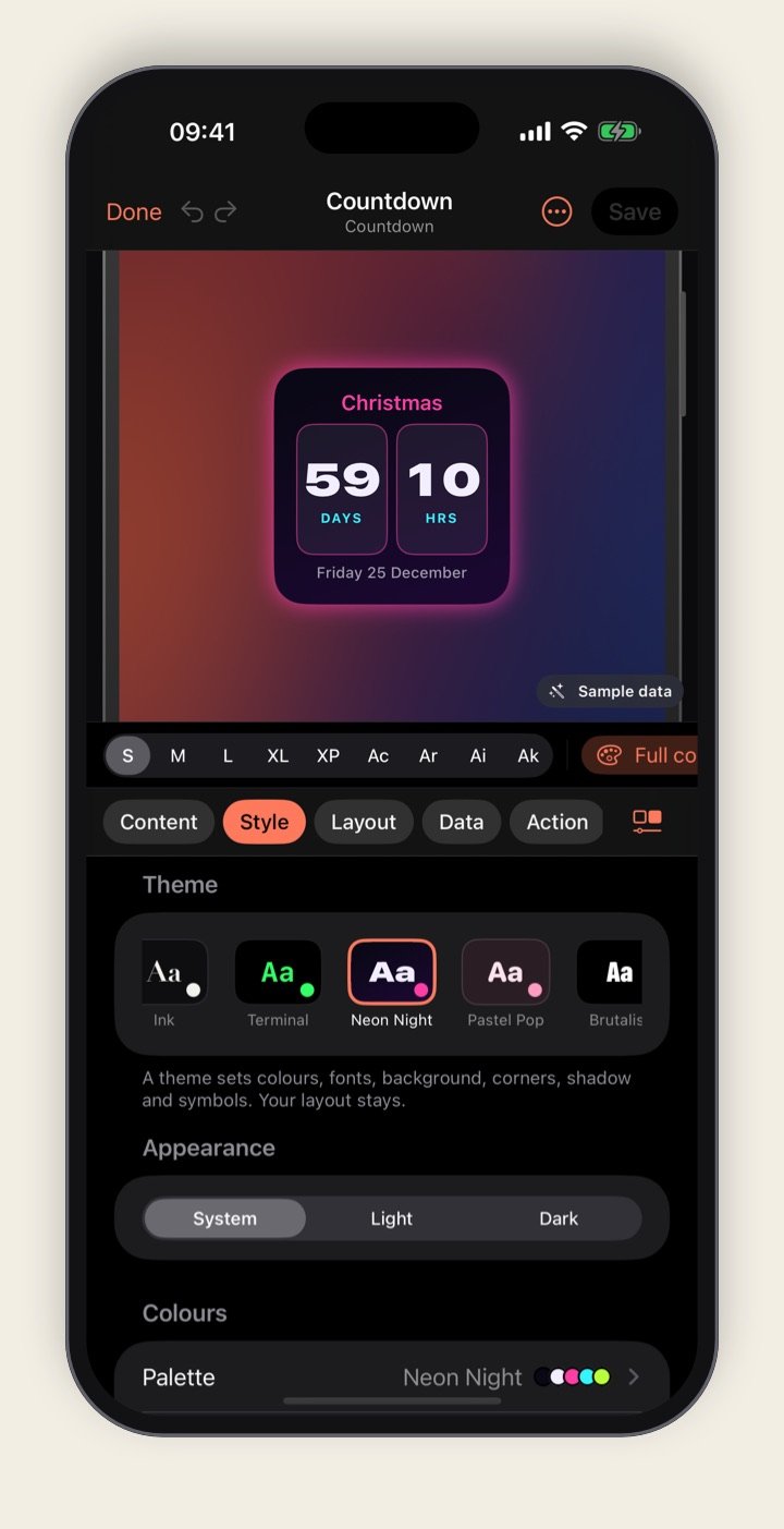 Widgeling's editor on iPhone: a live widget preview above its style controls