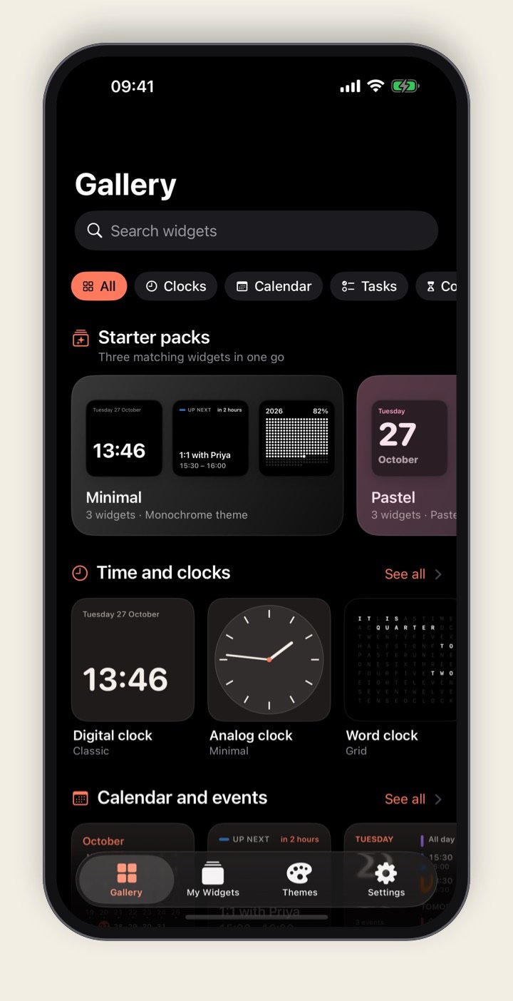 Widgeling's Gallery on iPhone, showing ready-made widget templates by category