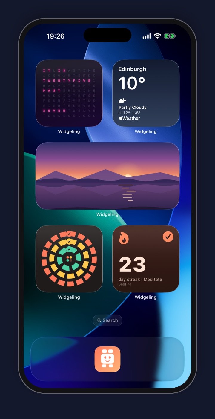 An iPhone Home Screen made only of Widgeling widgets: a neon word clock, Edinburgh weather, a sunset photo, daily activity rings and a 23-day meditation streak