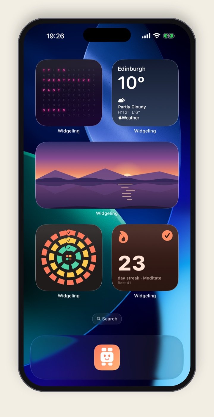 An iPhone Home Screen made only of Widgeling widgets: a neon word clock, Edinburgh weather, a sunset photo, daily activity rings and a 23-day meditation streak