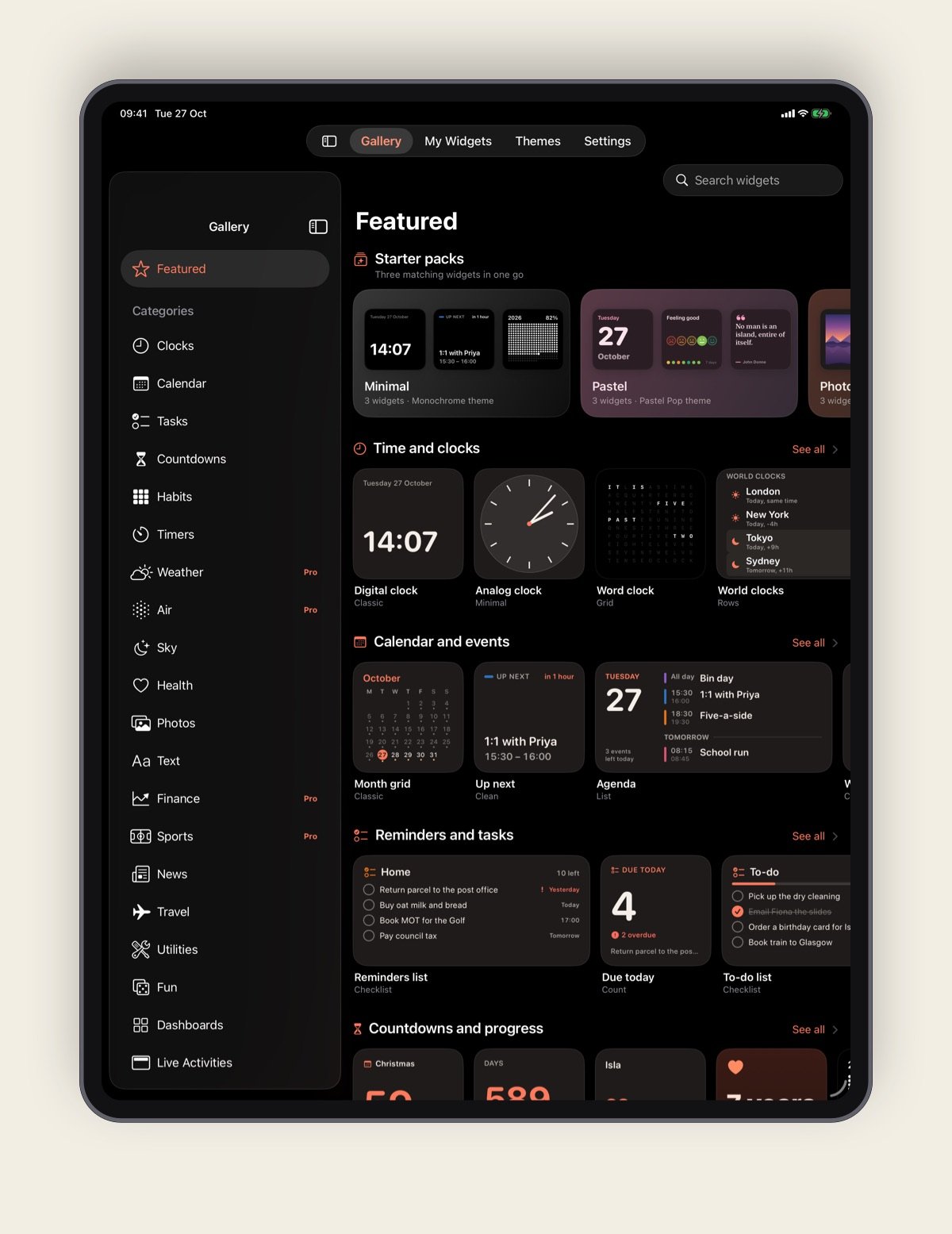 Widgeling's Gallery on iPad, with categories in the sidebar, starter packs and clock templates