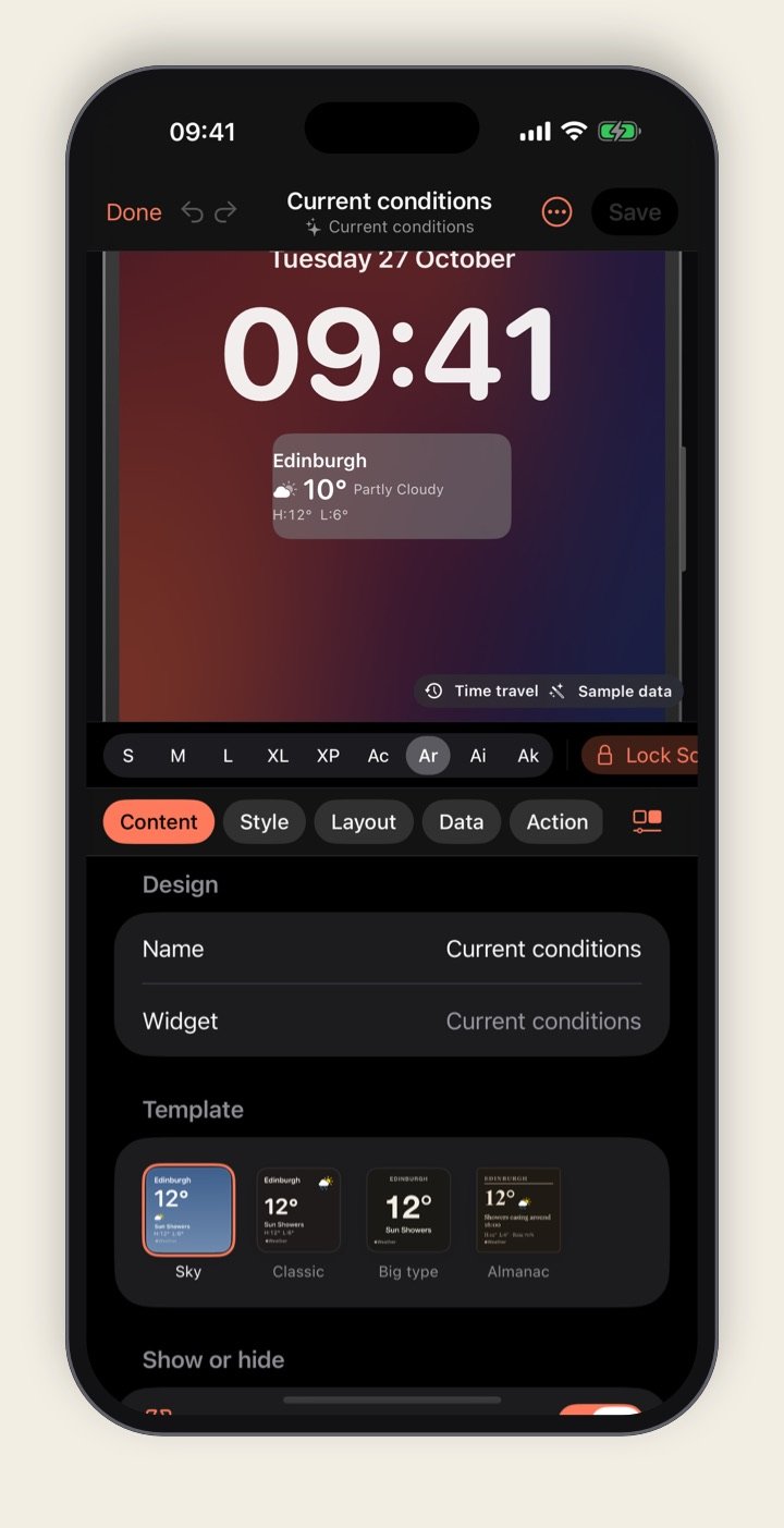 Widgeling's editor previewing a Lock Screen weather widget under the clock on iPhone