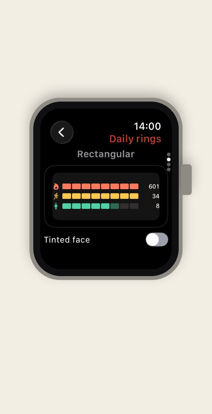 The Widgeling app on Apple Watch, previewing an activity rings design as a rectangular complication