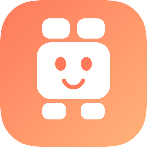 The Widgeling app icon: a smiling white widget with little widget ears and feet, on a coral-to-peach gradient