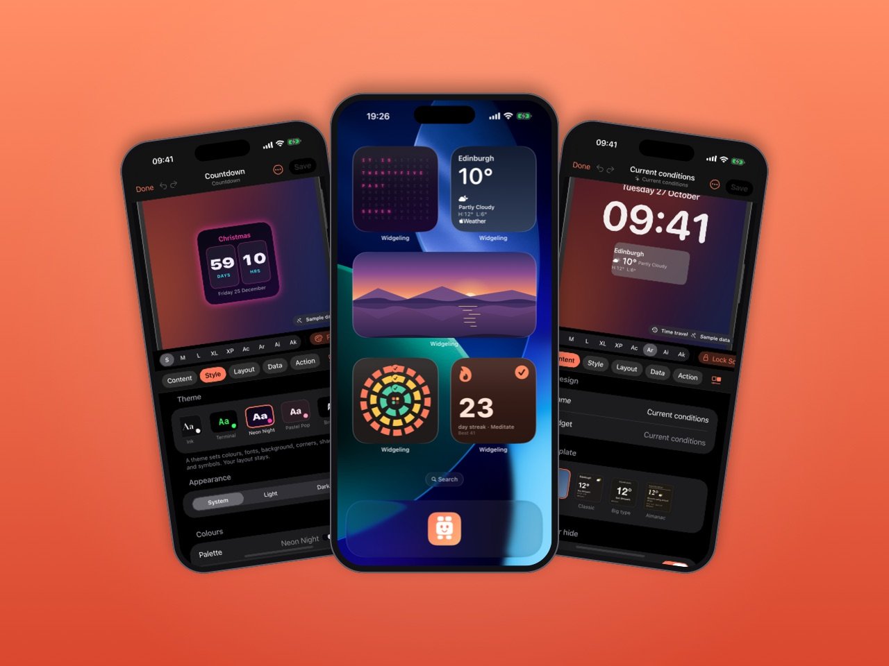 Widgeling on iPhone: a Home Screen of Widgeling widgets, with the widget editor either side